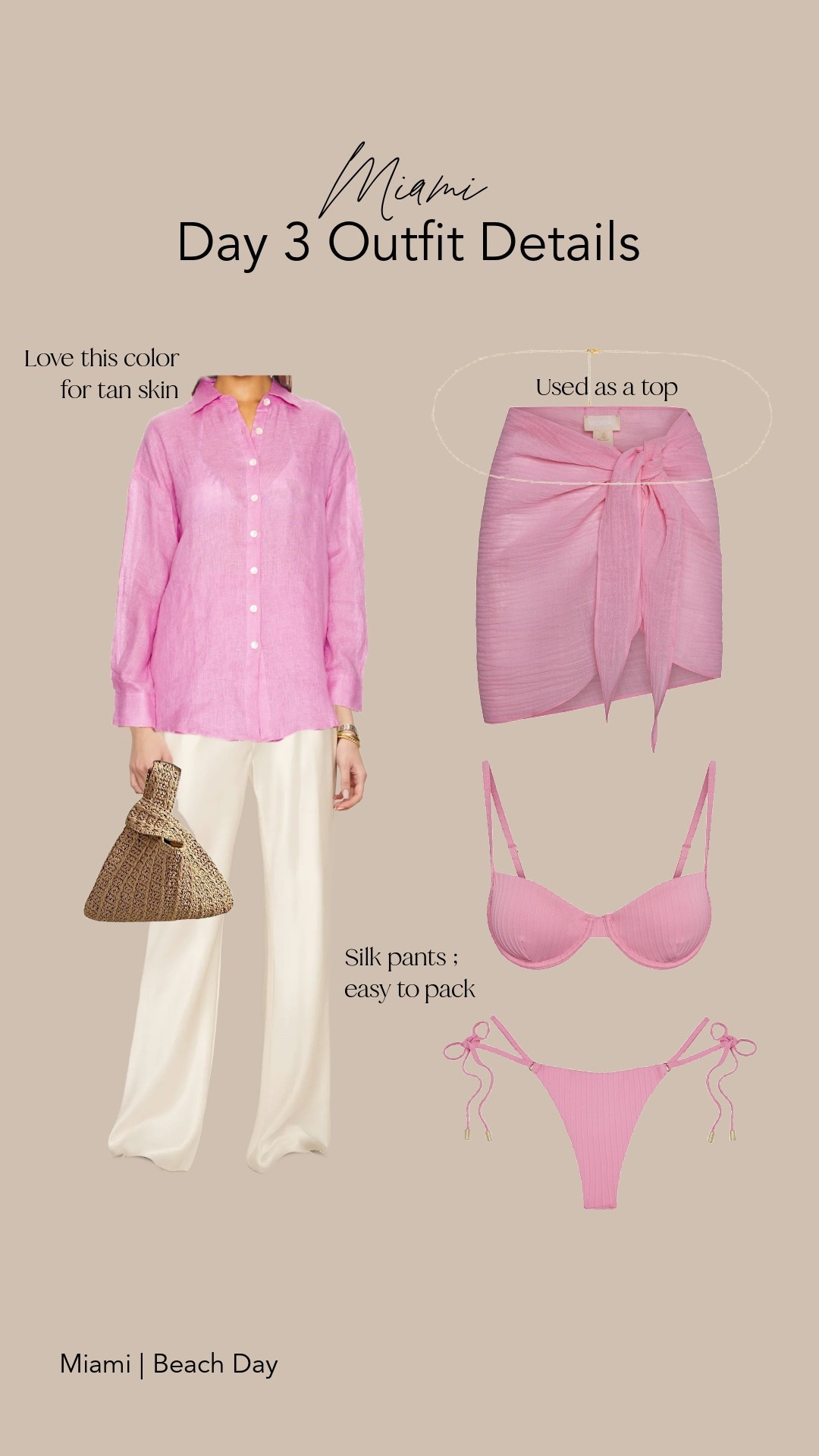 Top - medium
Pants - small
Bikini - medium
Sarong - medium 