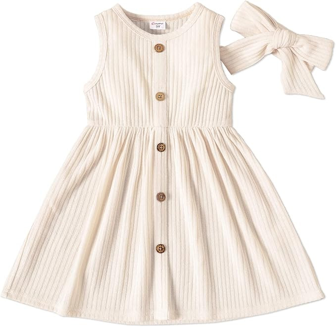 PATPAT Toddler Baby Girl Cotton Dress with Button Down&Headbows, Sleeveless Dresses Green&White,1... | Amazon (US)