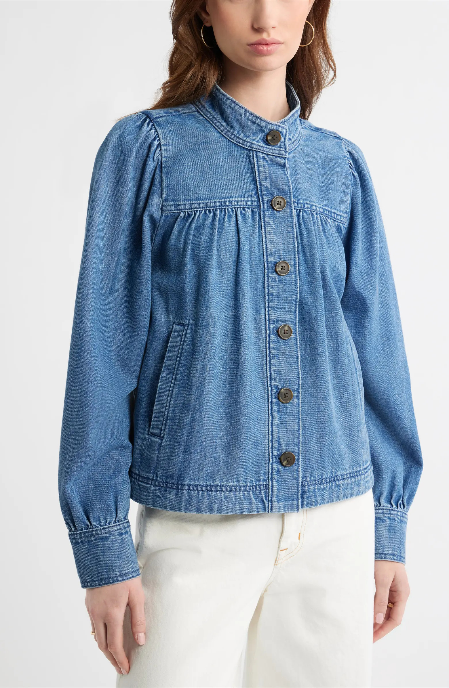 Treasure & Bond Gathered High Neck Denim Jacket | Nordstrom | Nordstrom