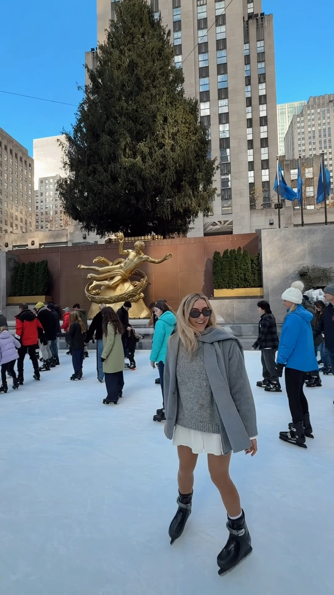 Abercrombie coat - coat with scarf - coat with neck tie - Abercrombie and fitch - grey coat - jacket with scarf - white mini skirt - ice skating outfit - New York Christmas - New York outfit - celine sunglasses - hair bow - a&f 

#LTKtravel #LTKstyletip #LTKCyberWeek