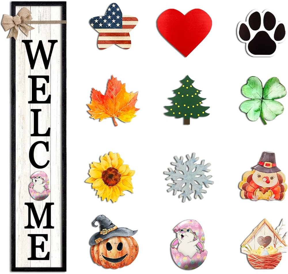 Interchangeable Welcome Sign for Front Porch Standing 45"X9" Large with 12 Pcs Replaceable Icons ... | Amazon (US)