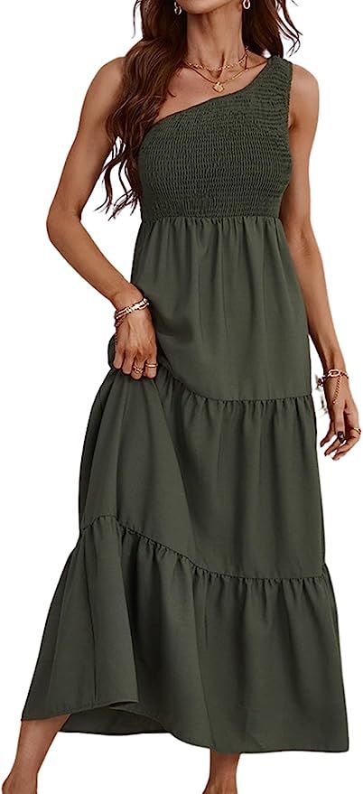 CUPSHE Women's Summer One Shoulder Dress Flowy Swing Tiered Smocked Fitted Sleeveless Maxi Dress | Amazon (US)