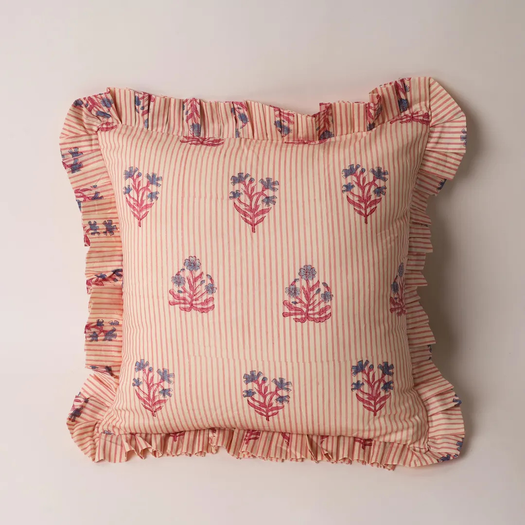 Pink Stripe and Blue Floral Ruffled Pillow Cover - Mixed Print Boho Cushion - Eclectic Cotton Blo... | Etsy (US)