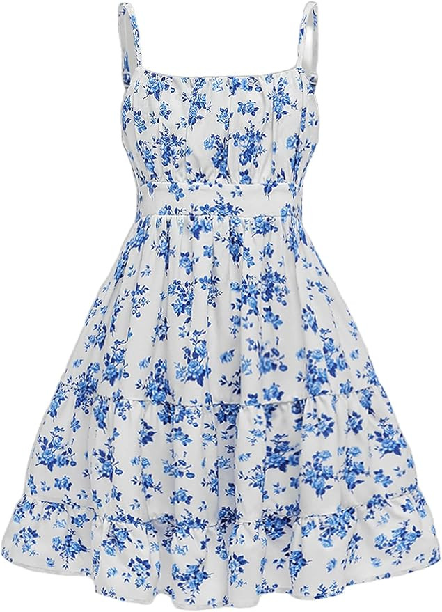 Floerns Girl's Floral Print Sleeveless Ruched Ruffle Hem A Line Cami Short Dress | Amazon (US)