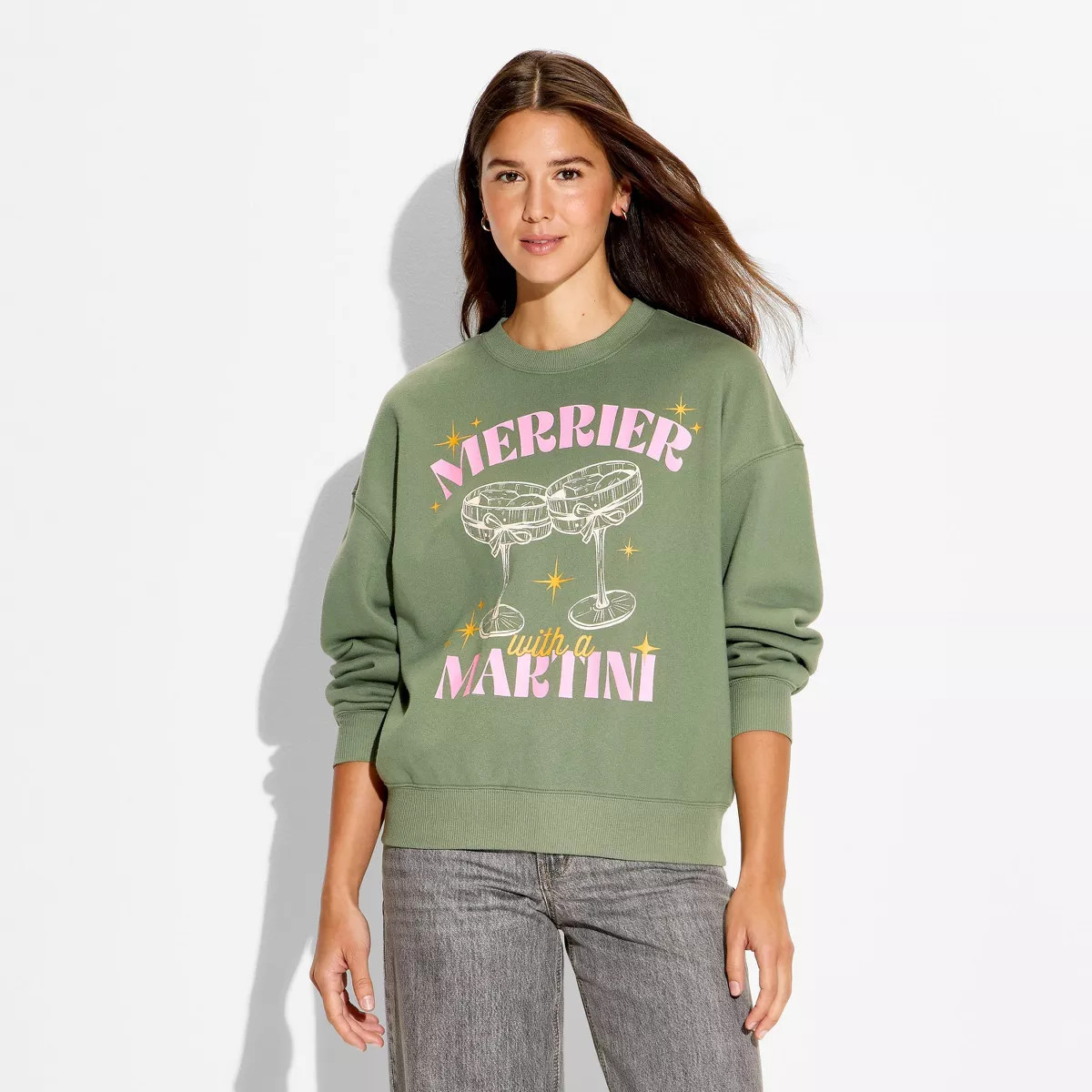 Women's Merry Martini Graphic Sweatshirt - Light Green | Target