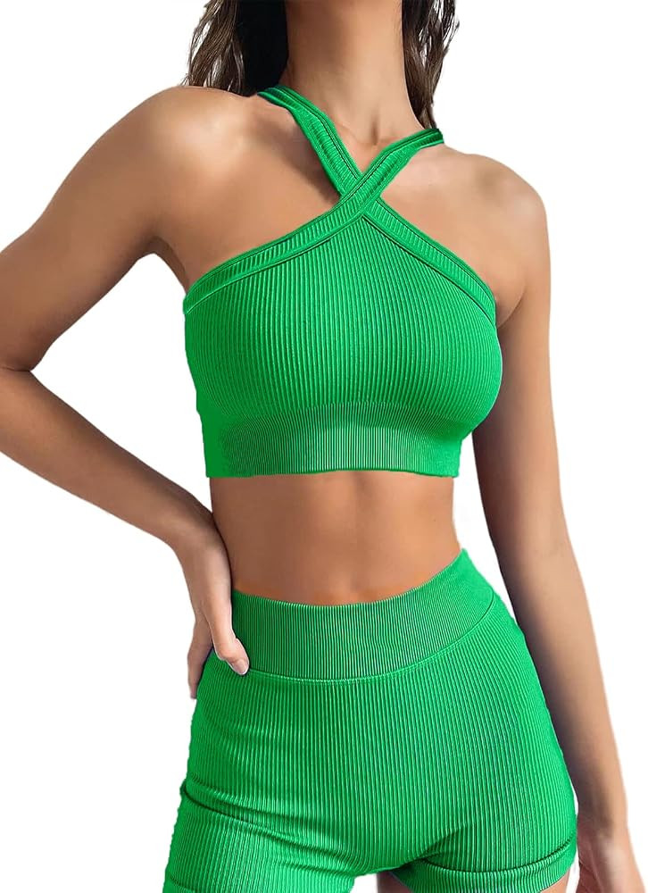 Womens Workout Sets 2 Piece Pack Seamless Ribbed Sports Bra Matching Gym Biker Shorts Set | Amazon (US)
