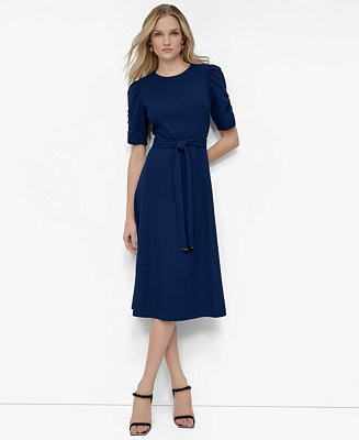 Women's Ruched-Sleeve Belted Fit and Flare Midi Dress | Macy's