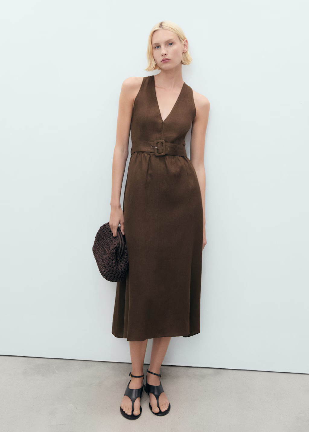 Belt linen dress brown - Woman - 10 - MANGO | Mango (US/MX/AU)