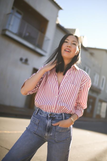 Casual yet polished outfit: striped collared shirt, front pocket jeans, and P48 sneakers. More affordable options linked here. 

#casualfriday
#weekendoutfit
#summeroutfit
#businesscasual
#summerstyle

#LTKSeasonal #LTKShoeCrush #LTKStyleTip