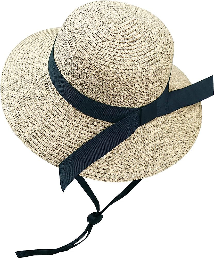 Girls Wide-Brim Straw Sun-Hat for Summer Beach with Bow | Amazon (US)
