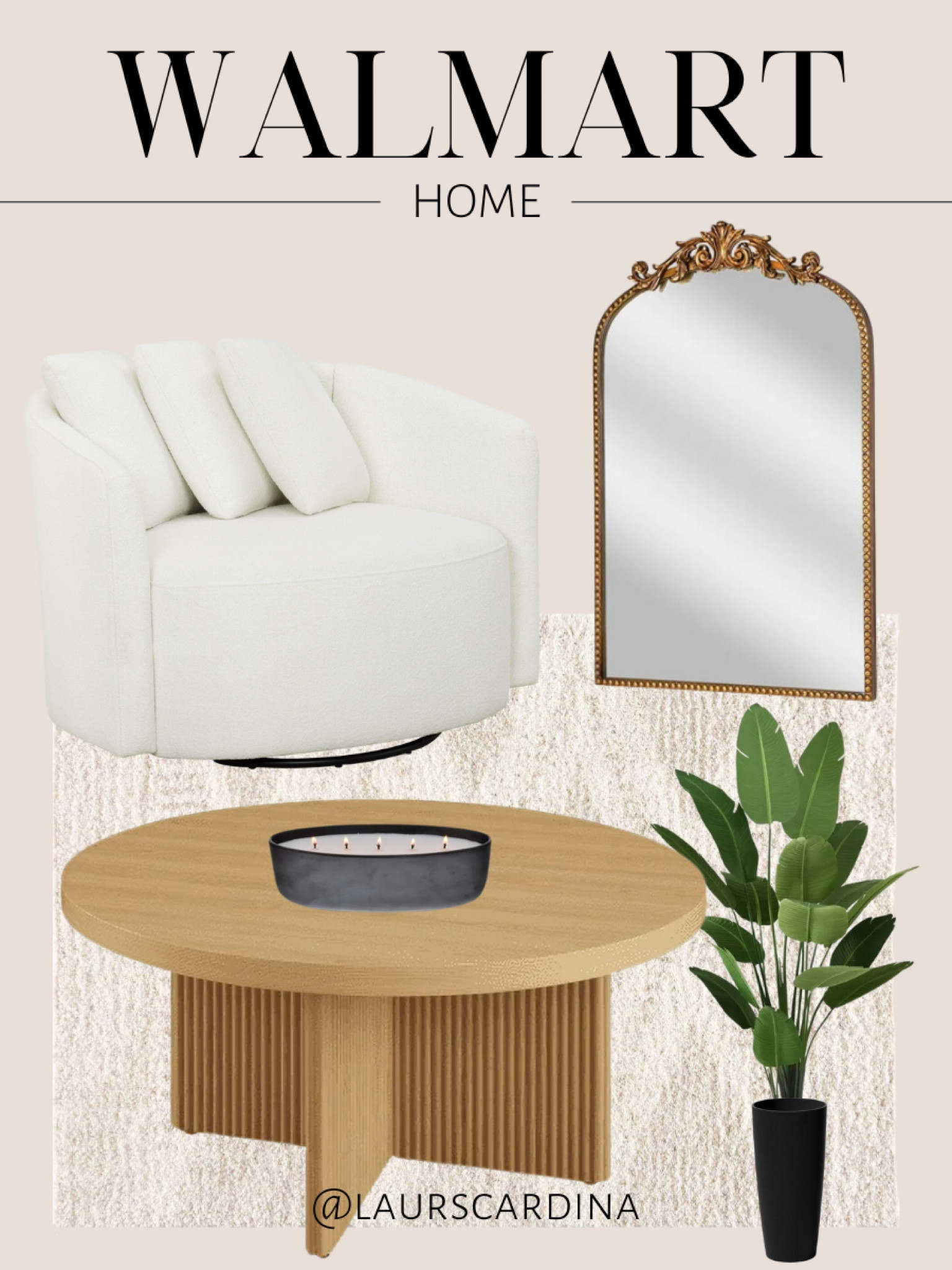 Walmart home finds include a neutral area rug, a light wood coffee table, artificial tree, large plastic-stone planter (comes in a set of two), a candle, boucle chair, and gold framed mirror.

Walmart home, home decor, living room, living room inspiration 

#LTKFindsUnder100 #LTKStyleTip #LTKHome