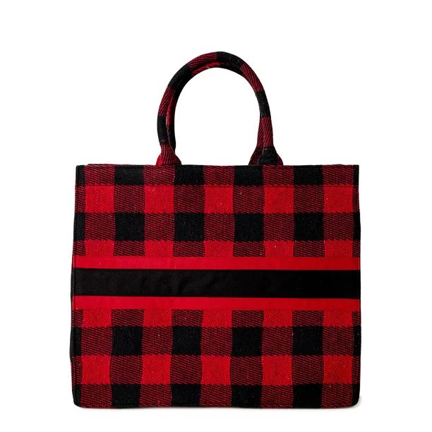 Time And Tru Women's Large Woven Tote Bag Red Plaid - Walmart.com | Walmart (US)