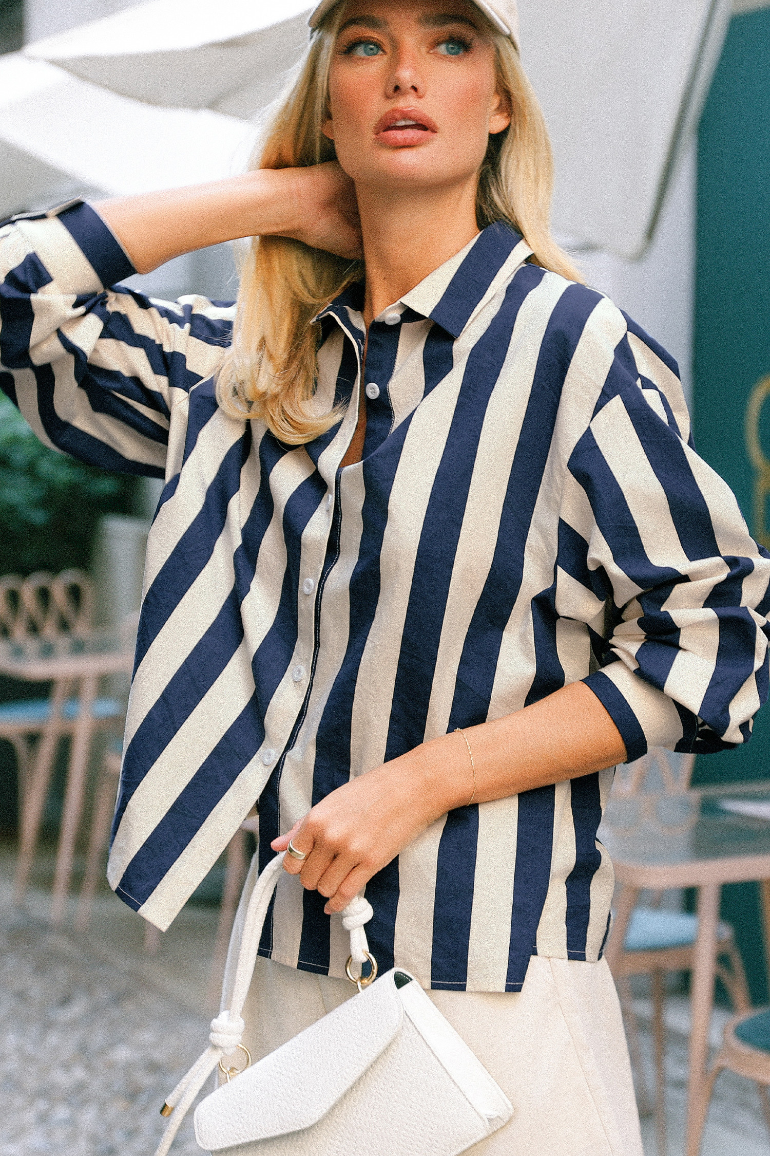 NewNavy Striped Collared Long Sleeve Button-Up | Cupshe US