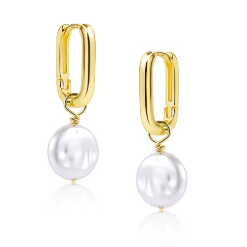 Gold Pearl Earrings For Women Huggie Hoop Earrings Dangling Gold Plated Silver Pearl Dangle Earring Hypoallergenic Drop Earing | Amazon (US)