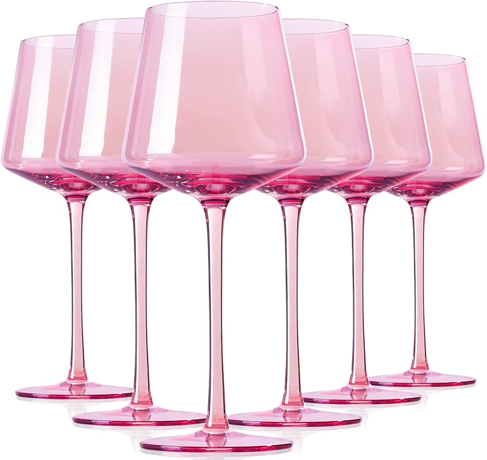Physkoa Pink Wine Glasses Set 6-14Ounce Modern Pink Wine Glasses With Tall Long Stem and Flat Bot... | Amazon (US)