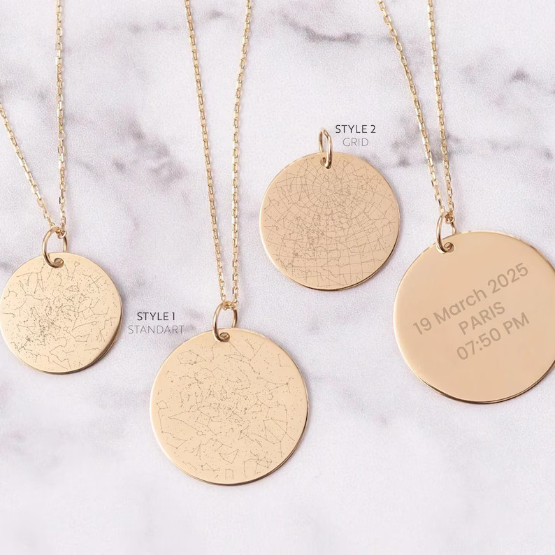 Custom 14K Solid Gold Star Map Pendant Necklace, Engraved Celestial Chart Jewelry, Personalized C... | Etsy (US)