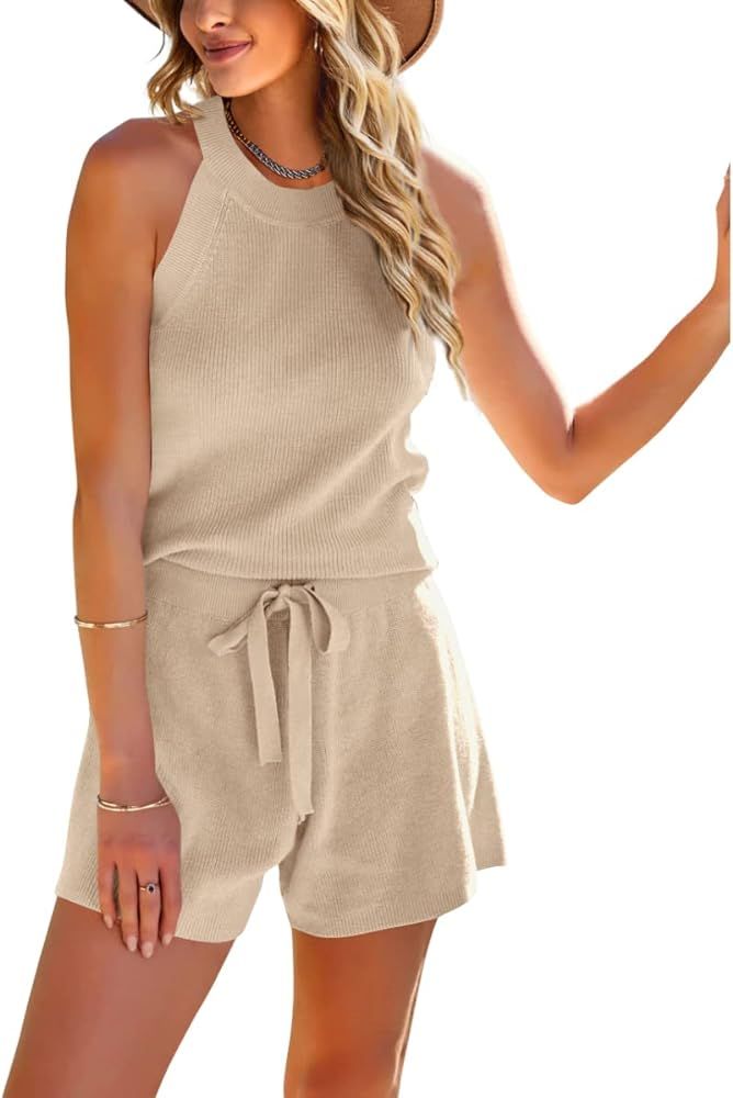 SySea Women's Summer 2 Piece Outfits Knit Halter Tank Top and Shorts Lounge Set | Amazon (US)