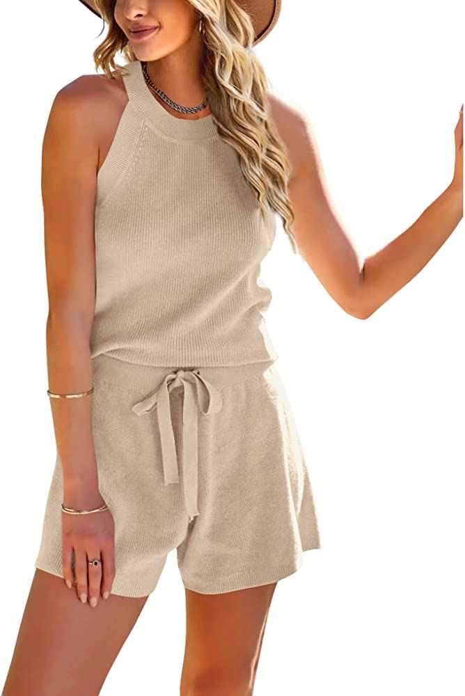 SySea Women's Summer 2 Piece Outfits Knit Halter Tank Top and Shorts Lounge Set | Amazon (US)