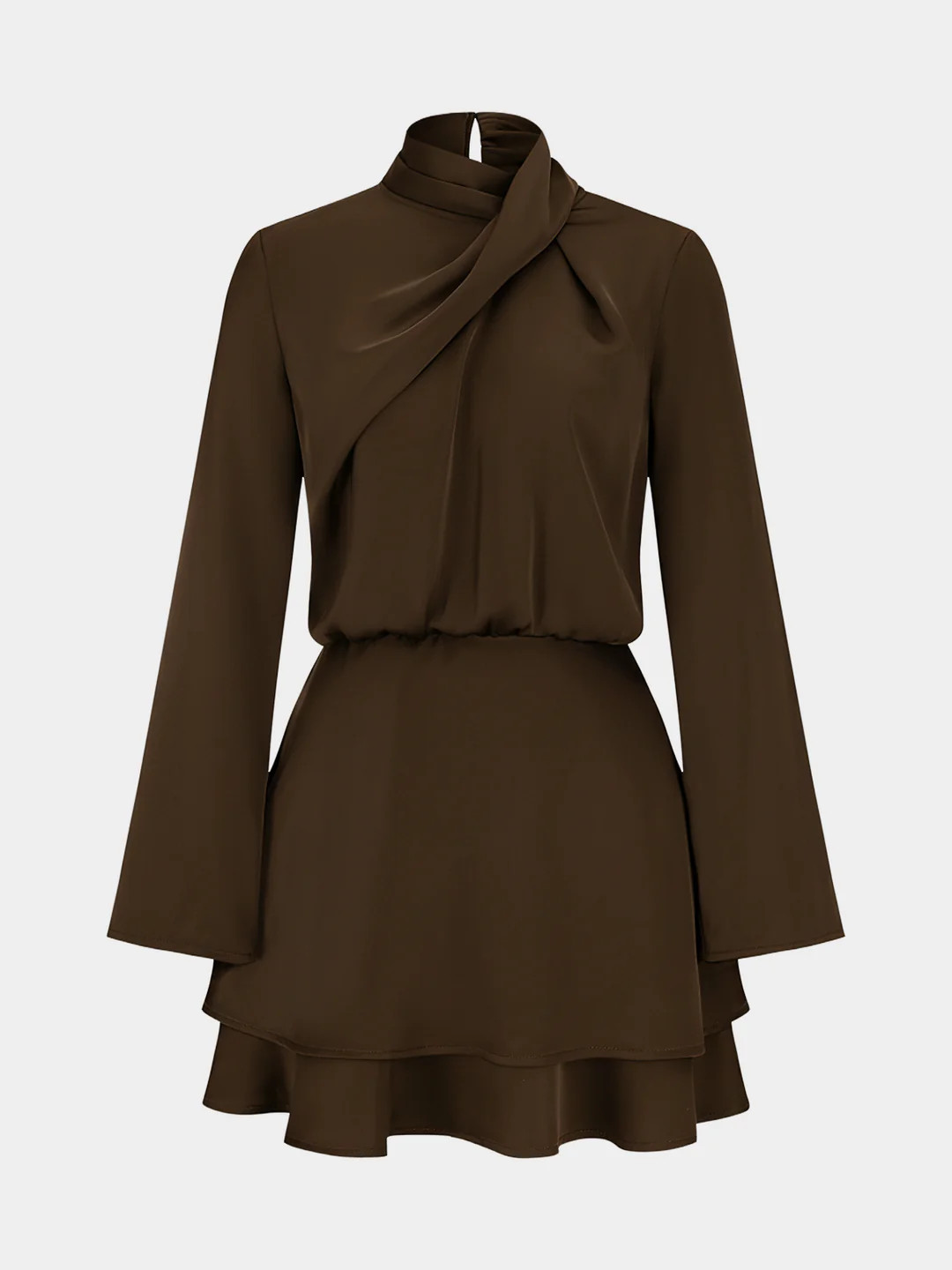 Long Sleeve Cross Neck Satin Tiered Mini Dress | Commense