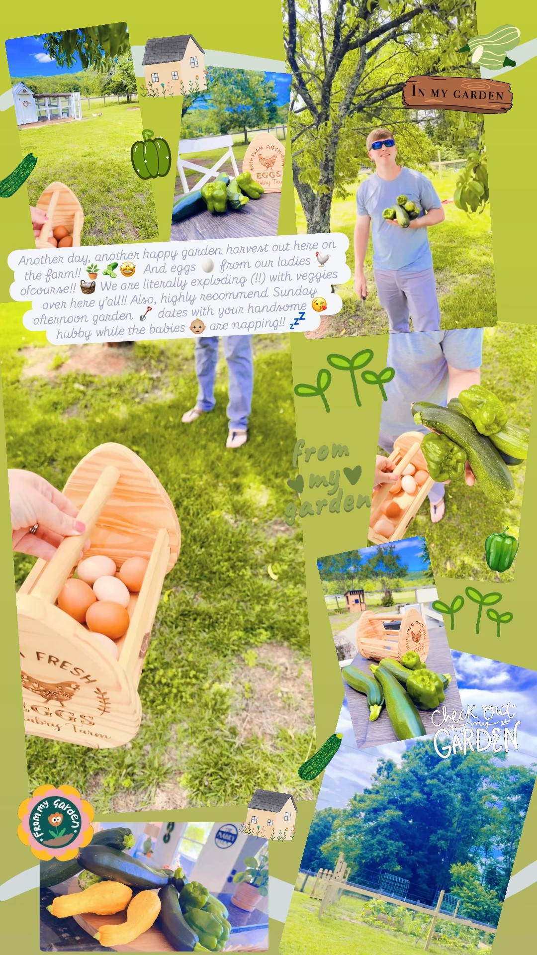 Another day, another happy garden harvest out here on the farm!! 🪴🥒🤩  And eggs 🥚 from our ladies 🐓 ofcourse!! 🧺 We are literally exploding (!!) with veggies over here y’all!! Also, highly recommend Sunday afternoon garden 🪏 dates with your handsome 😘 hubby while the babies 👶🏼 are napping!! 💤