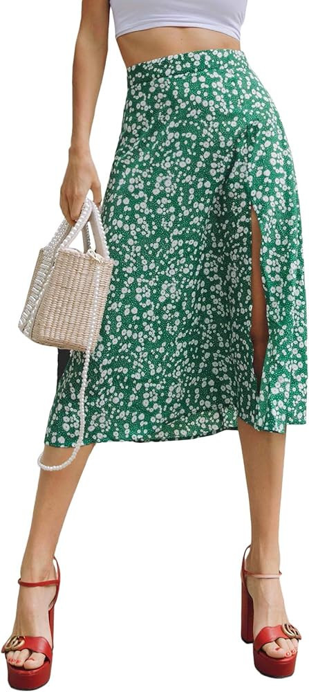 Floerns Women's Boho Floral High Waist Split A Line Midi Skirt | Amazon (US)