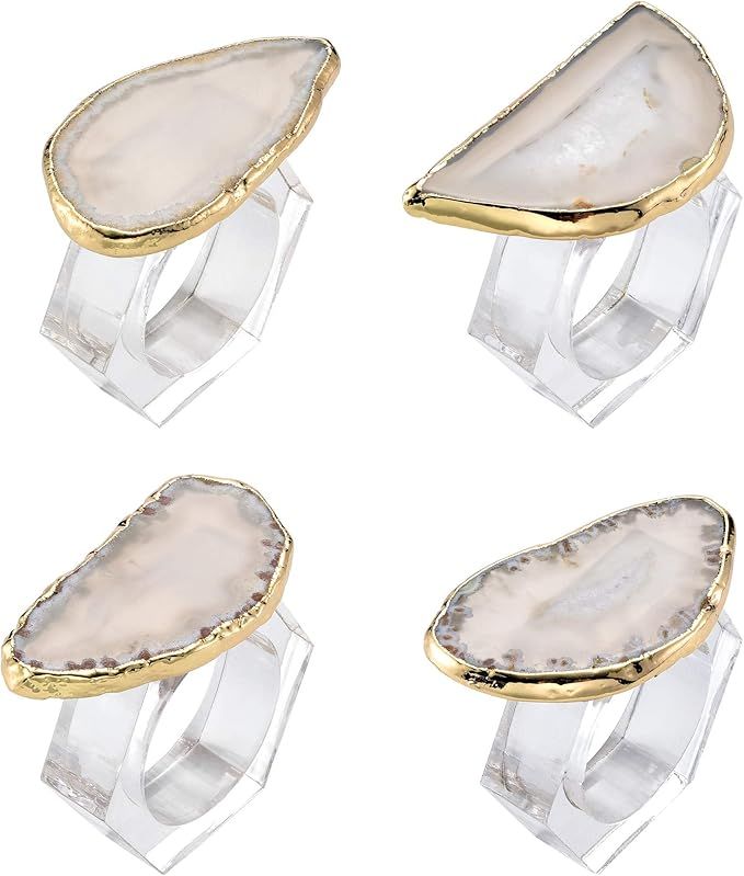 WarmHut Acrylic Napkin Rings 4pcs Set, Natural Agate Geode Slice Gold Plated Edge Clear Napkin Ri... | Amazon (US)