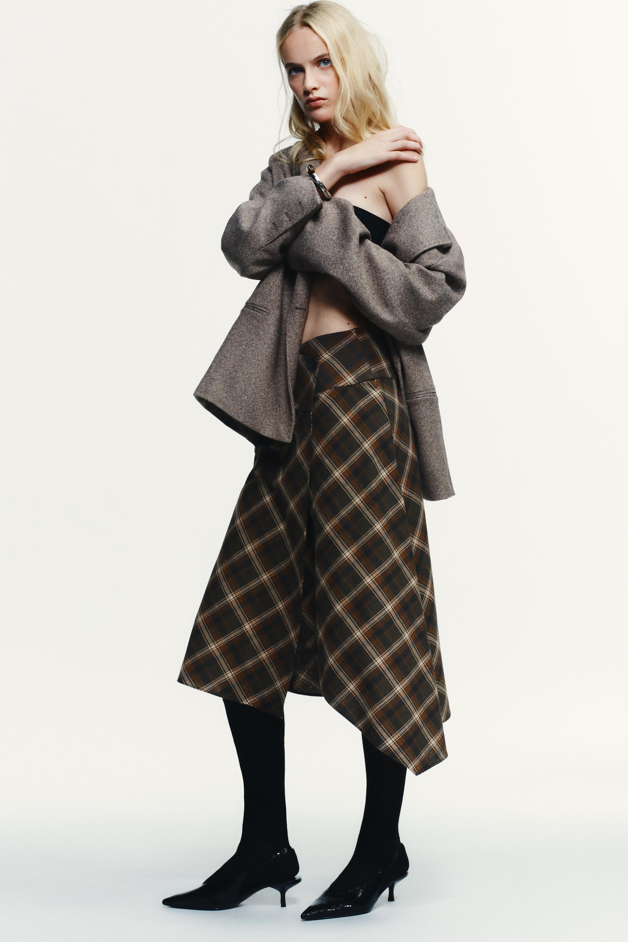 ASYMMETRIC PLAID MIDI SKIRT | Zara US