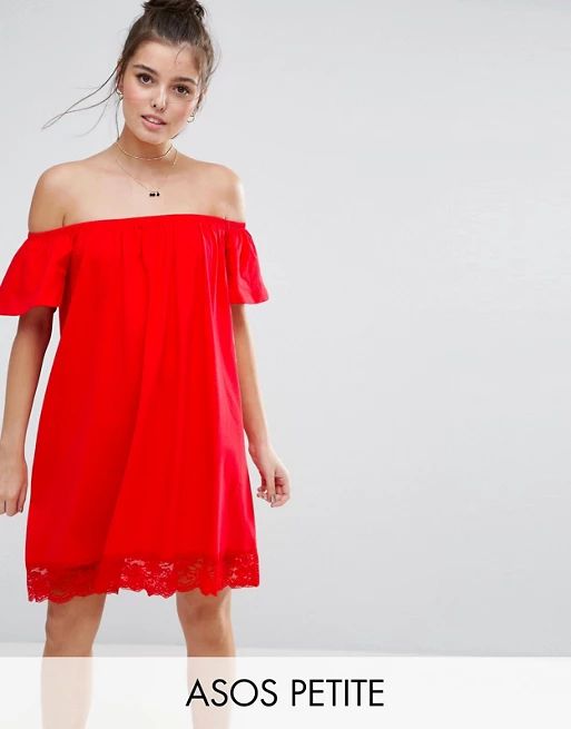 ASOS PETITE Off Shoulder Mini Dress with Lace Hem | ASOS UK