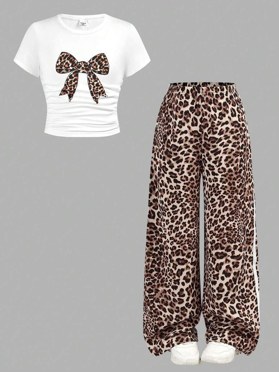 SHEIN Girlism Tween Girl Casual Street Fashion White T-Shirt With Leopard Print Bow Design & Leop... | SHEIN