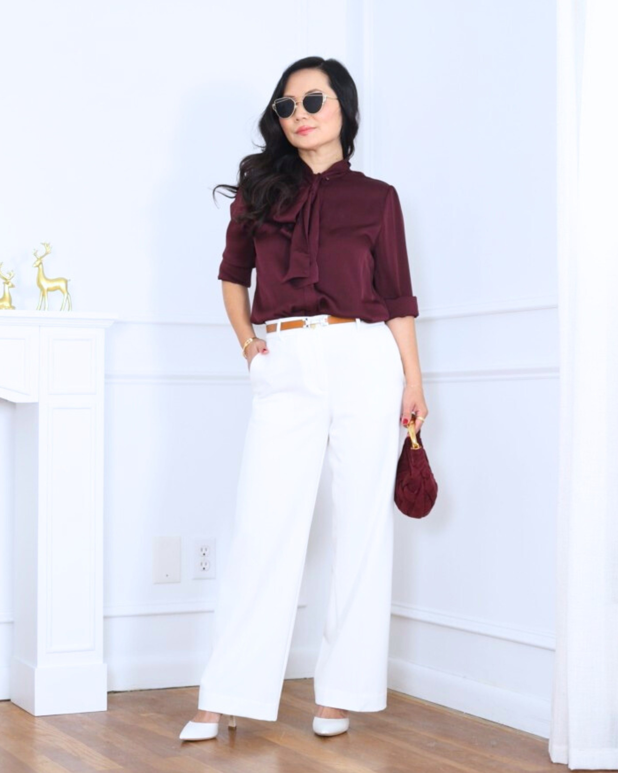 Silk fabrics + rich burgundy always feel like an instant power move. This Quince tie-neck blouse paired with Ann Taylor’s white wide-leg pants is giving polished, effortless confidence—perfect for days when you want your outfit to do the talking. I’m 5’2, wearing size XS.

#LTKOver40 #LTKPetite #LTKHoliday