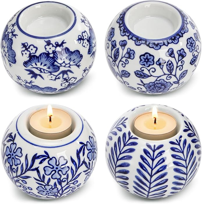 Okllen Set of 4 Blue and White Decor Ceramic Tealight Holders, Chinoiserie Decor Votive Candle Ho... | Amazon (CA)