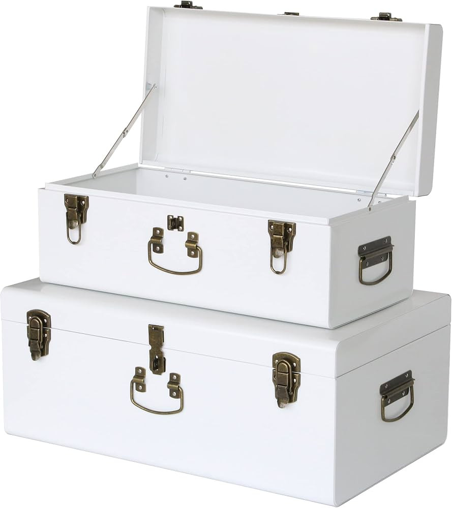 Vixdonos Decorative Metal Box Storage Trunks Set of 2 College Dorm Chest with Handle (White with ... | Amazon (US)