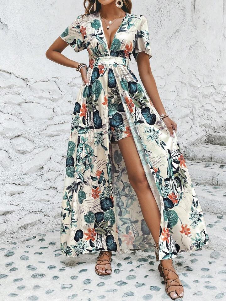 SHEIN VCAY Tropical Print Plunging Neck Flounce Sleeve Ruffle Hem Jumpsuit | SHEIN