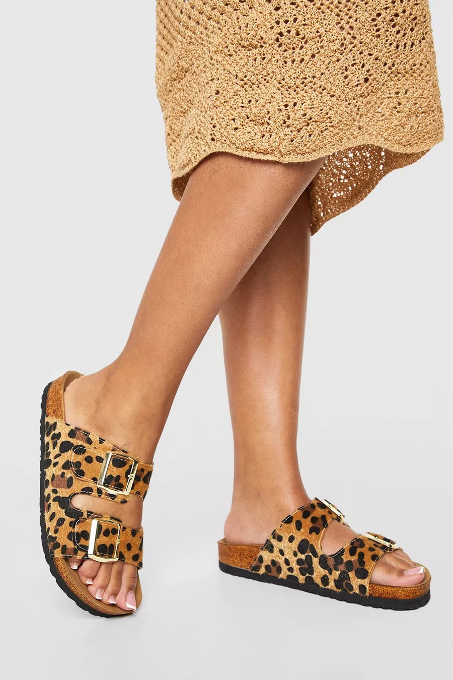 Wide Fit Leopard Double Buckle Footbed Slider | Boohoo.com (UK & IE)