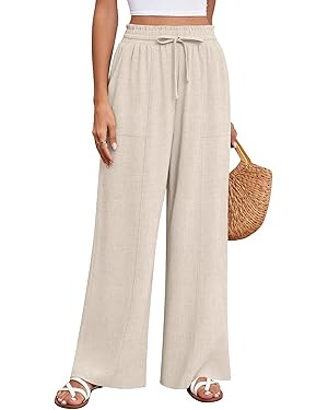 Huukeay Women's Linen Wide Leg Pants, High Waist Flowy Palazzo Pants with Pockets Drawstring Summ... | Amazon (US)