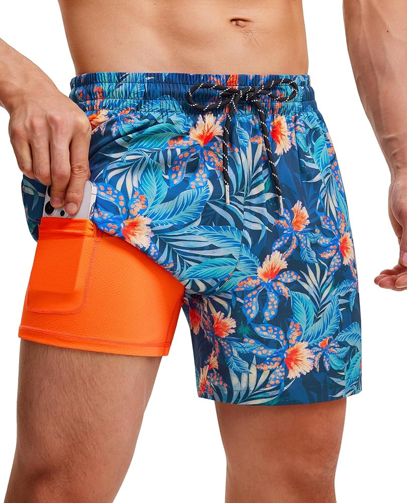 Gleeease 5inch Mens Swim Trunks with Compression Liner Bathing Suit 2 in 1 Stretch Quick Dry Line... | Amazon (US)