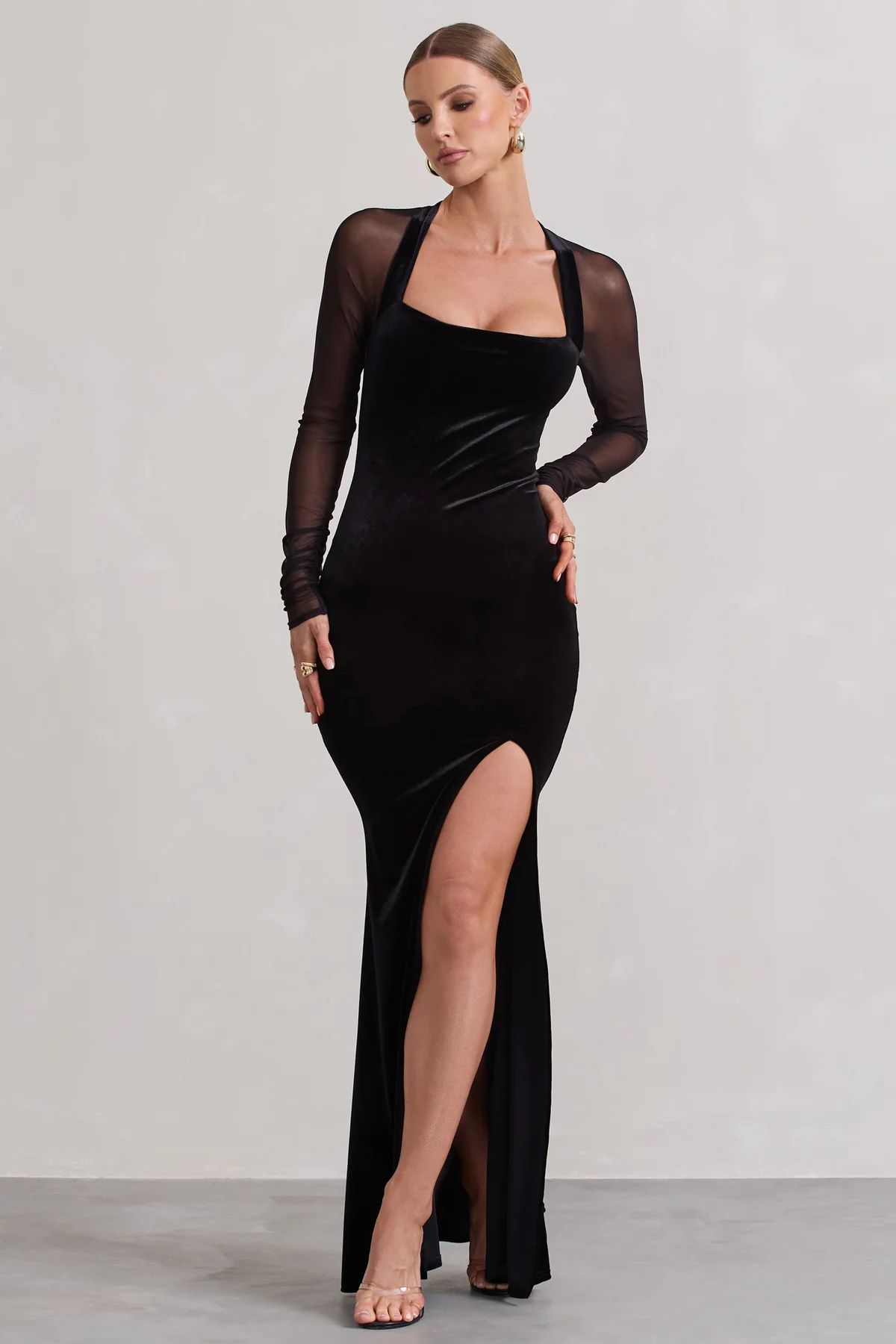 Apres | Black Velvet Bodycon Split Maxi Dress With Sheer Sleeves | Club L London