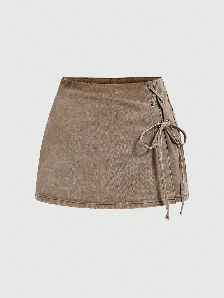 SHEIN MOD Vintage Lace Up Denim Skort | SHEIN