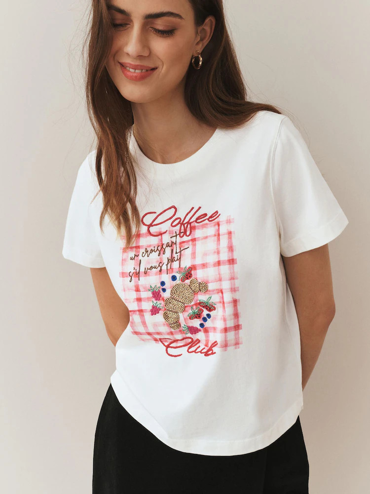 Ecru Embellished Croissant Graphic Short Sleeve Crew Neck T-Shirt | Next EU