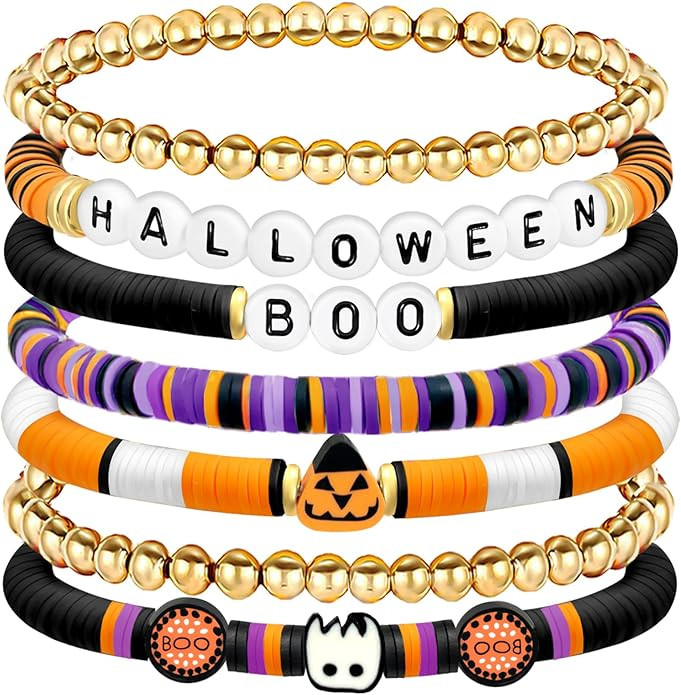 Halloween Bracelets for Women Stackable Surfer Heishi Bracelet Preppy Clay Bead Stretch Bracelets... | Amazon (US)