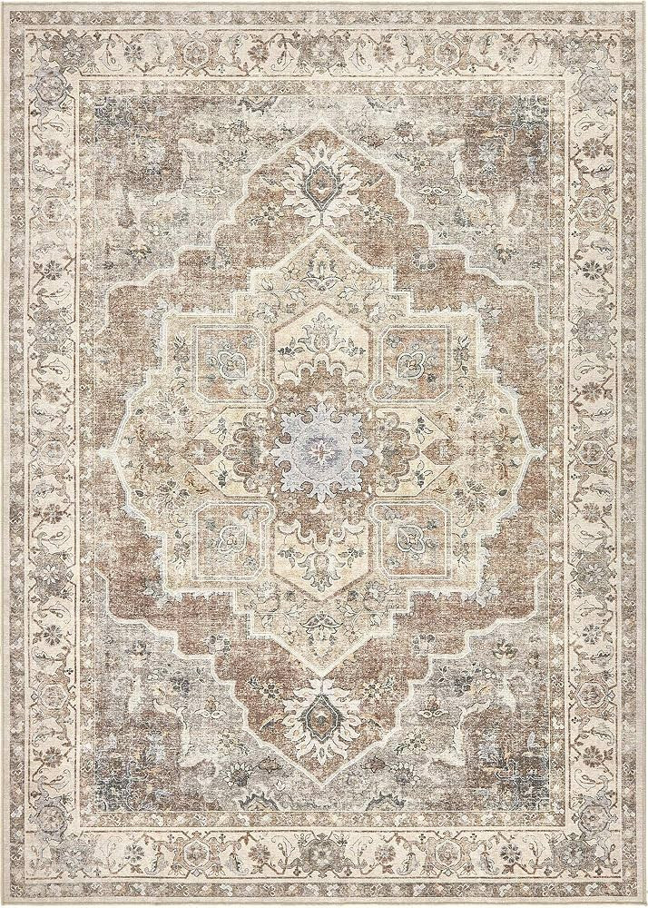 8x10 Washable Area Rug: Vintage Neutral Soft Non Slip Thin Large Floor Carpet for Living Room Bed... | Amazon (US)