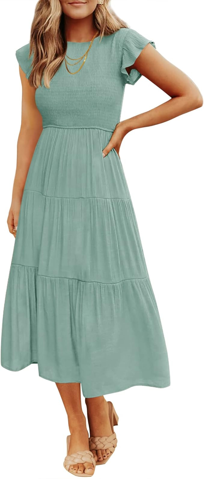 ZESICA Women's Summer Casual Flutter Short Sleeve Crew Neck Smocked Elastic Waist Tiered Midi Dre... | Amazon (US)