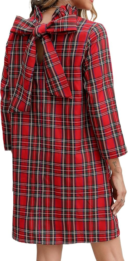 Kedera Women's Fall Bow Tie Dress Casual Mini Dress Ruffle Mock Neck Long Sleeve Dress Swing Eleg... | Amazon (US)