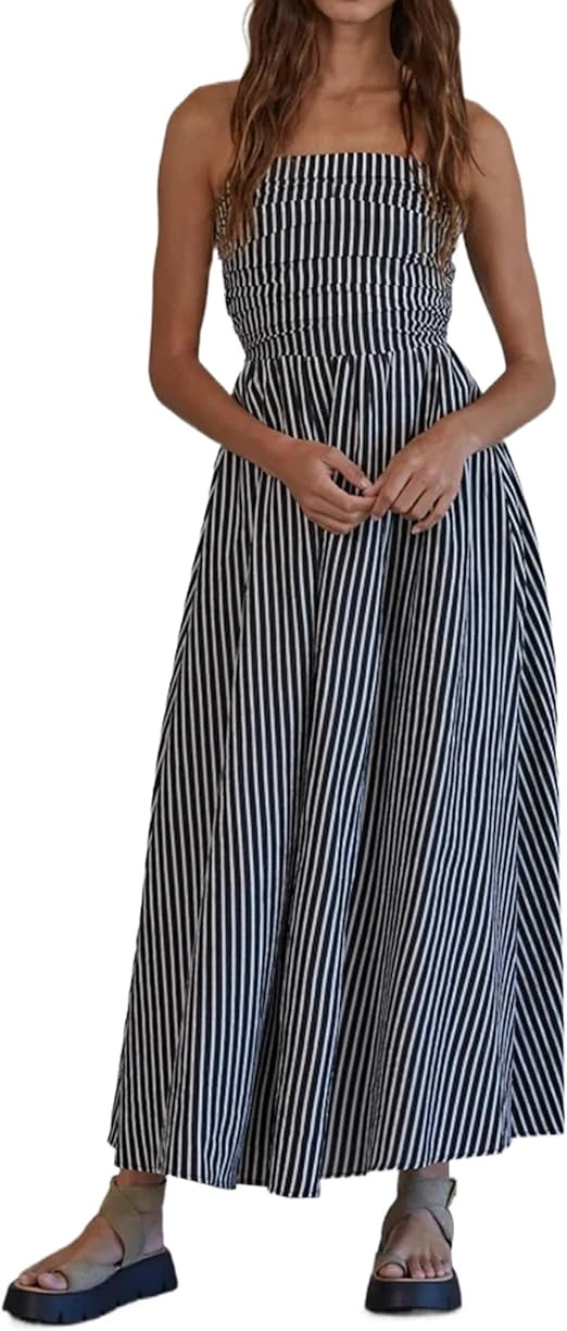 Striped Strapless Maxi Dress for Women Sleeveless Flowy Long Dress Summer Casual Tube Dress with ... | Amazon (US)