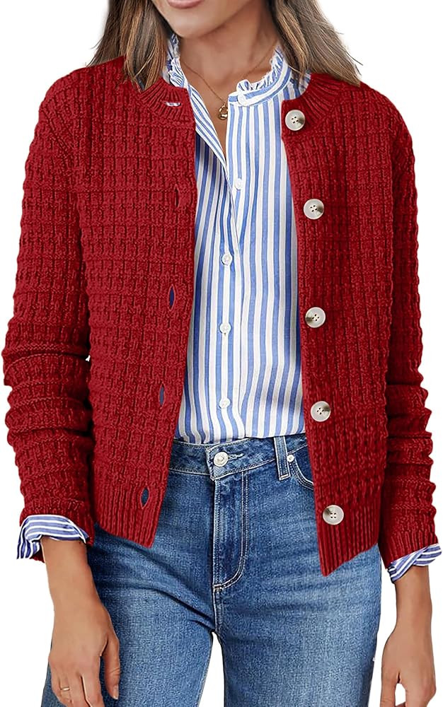 Zeagoo Women's 2025 Cardigan Sweaters Button Down Crew Neck Open Front Long Sleeve Knit Cropped J... | Amazon (US)