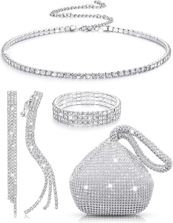 MTLEE Women Clutch Purse Rhinestone Jewelry Set 4 Pieces Rhinestone Ear Clip Bridal Wedding Choke... | Amazon (US)
