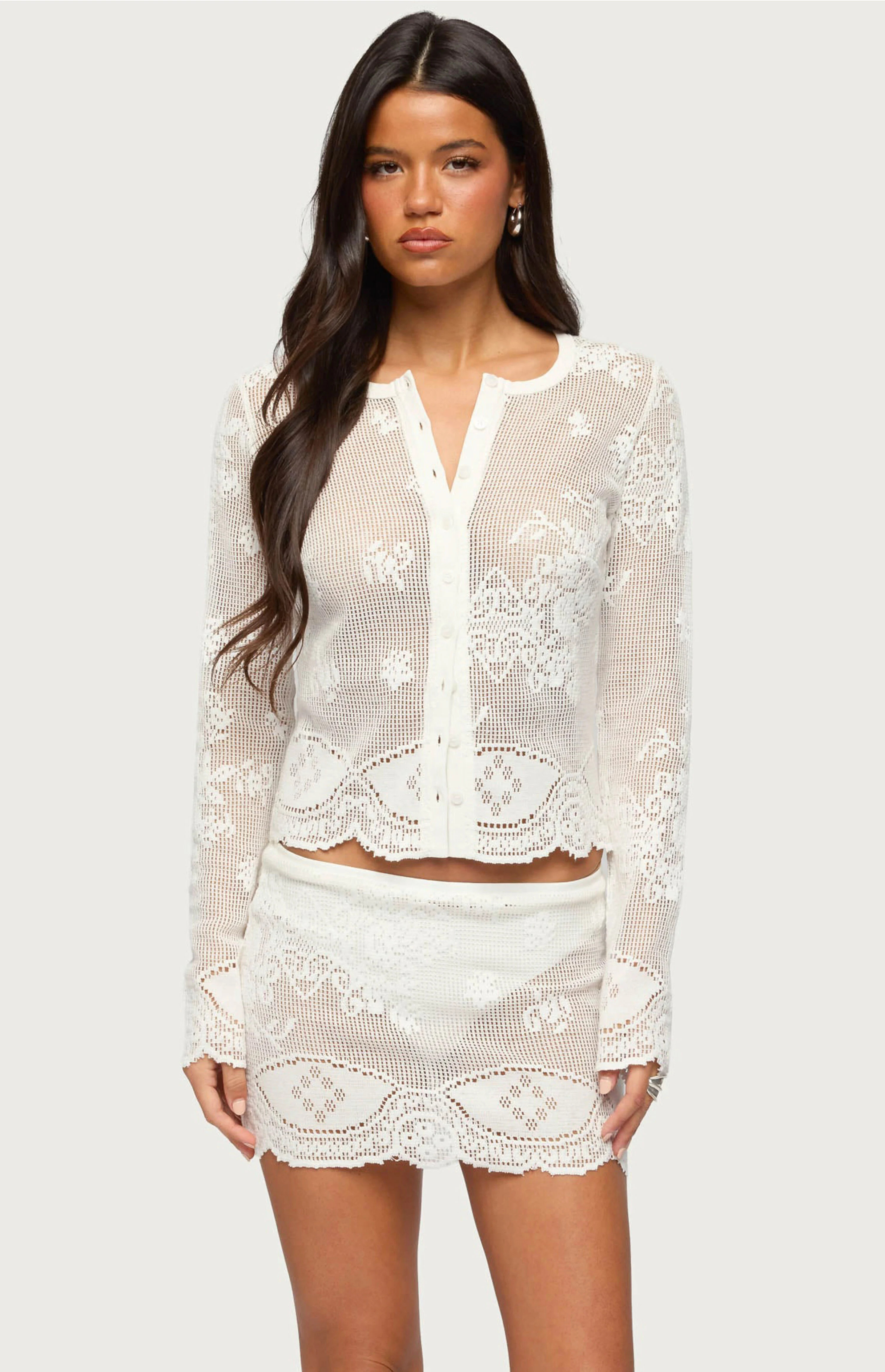 Edikted Rusa Button Up Sheer Crochet Top | PacSun