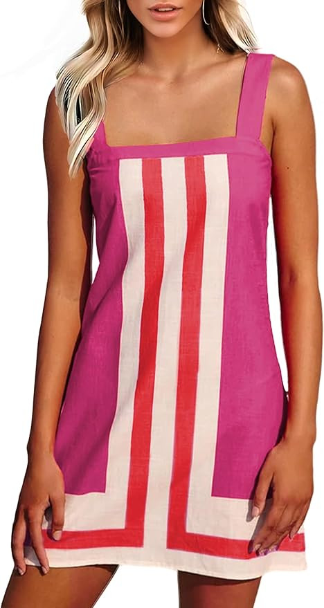 Fiona Jolin Women's Striped Mini Dress Boho Shoulder Strap Sundress Summer Cover Up Dress for Bea... | Amazon (US)