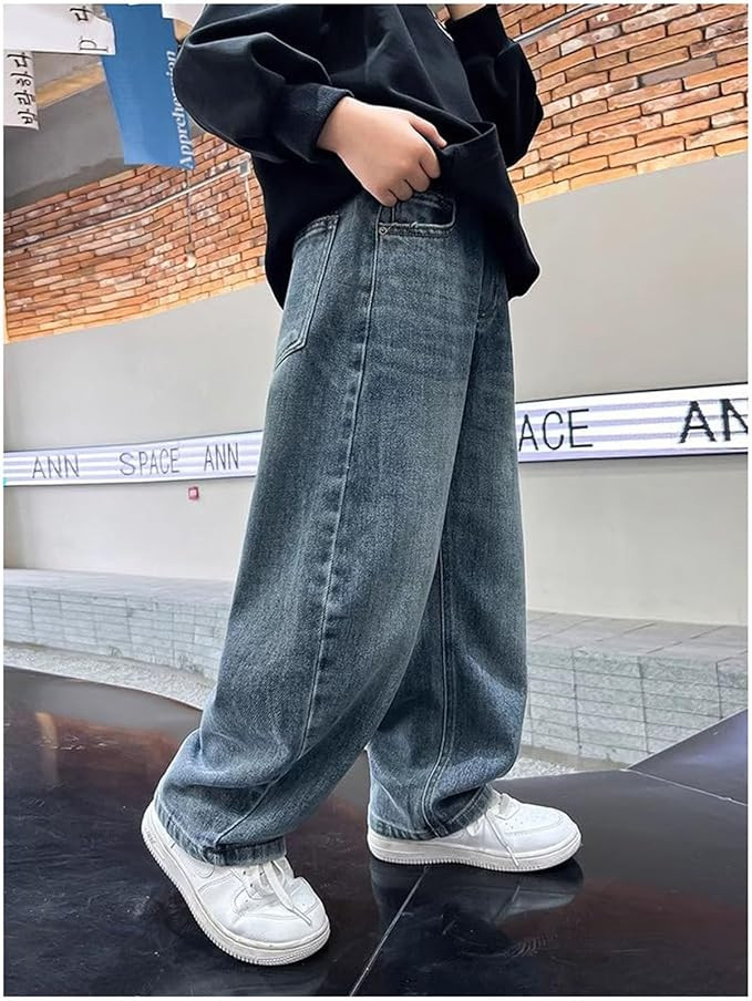 Boys Baggy Jeans Straight Wide Leg Cargo Jeans Casual Elastic Waist Loose Fit Denim Pants Y2K Str... | Amazon (US)