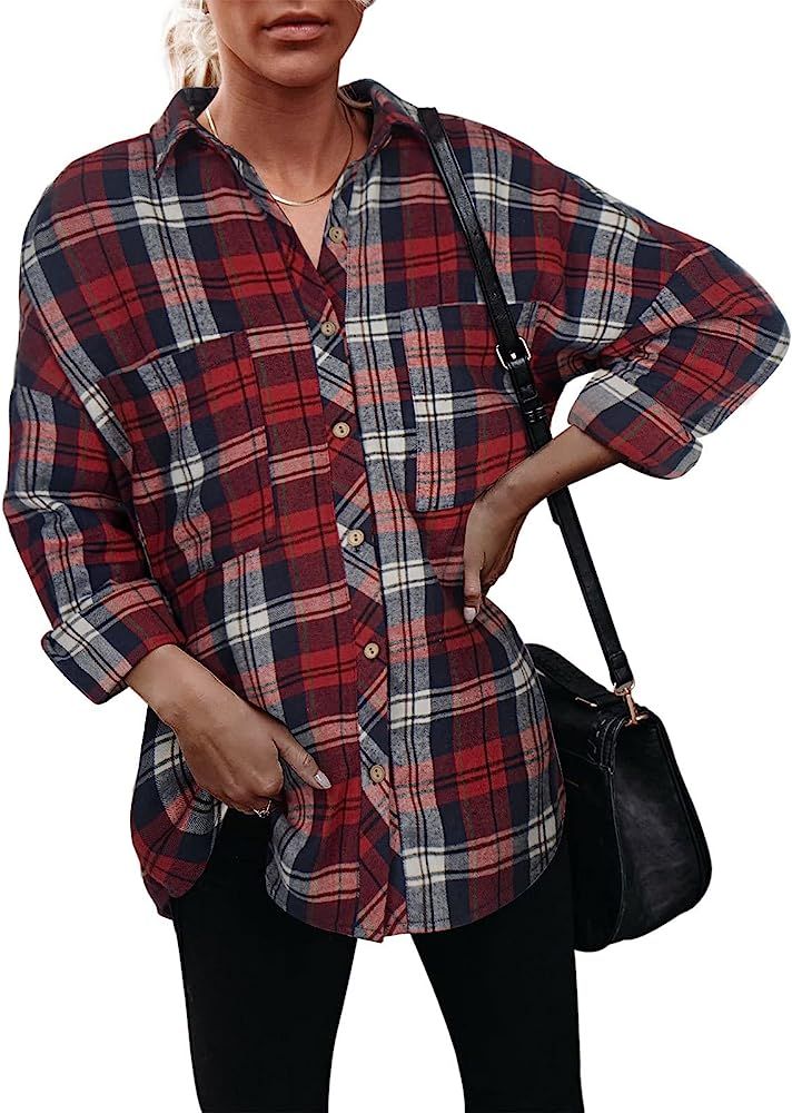 PINKMARCO Oversized Flannel Shirts for Women Plaid Shirt Plus Size Button Down Casual Long Sleeve Bl | Amazon (US)
